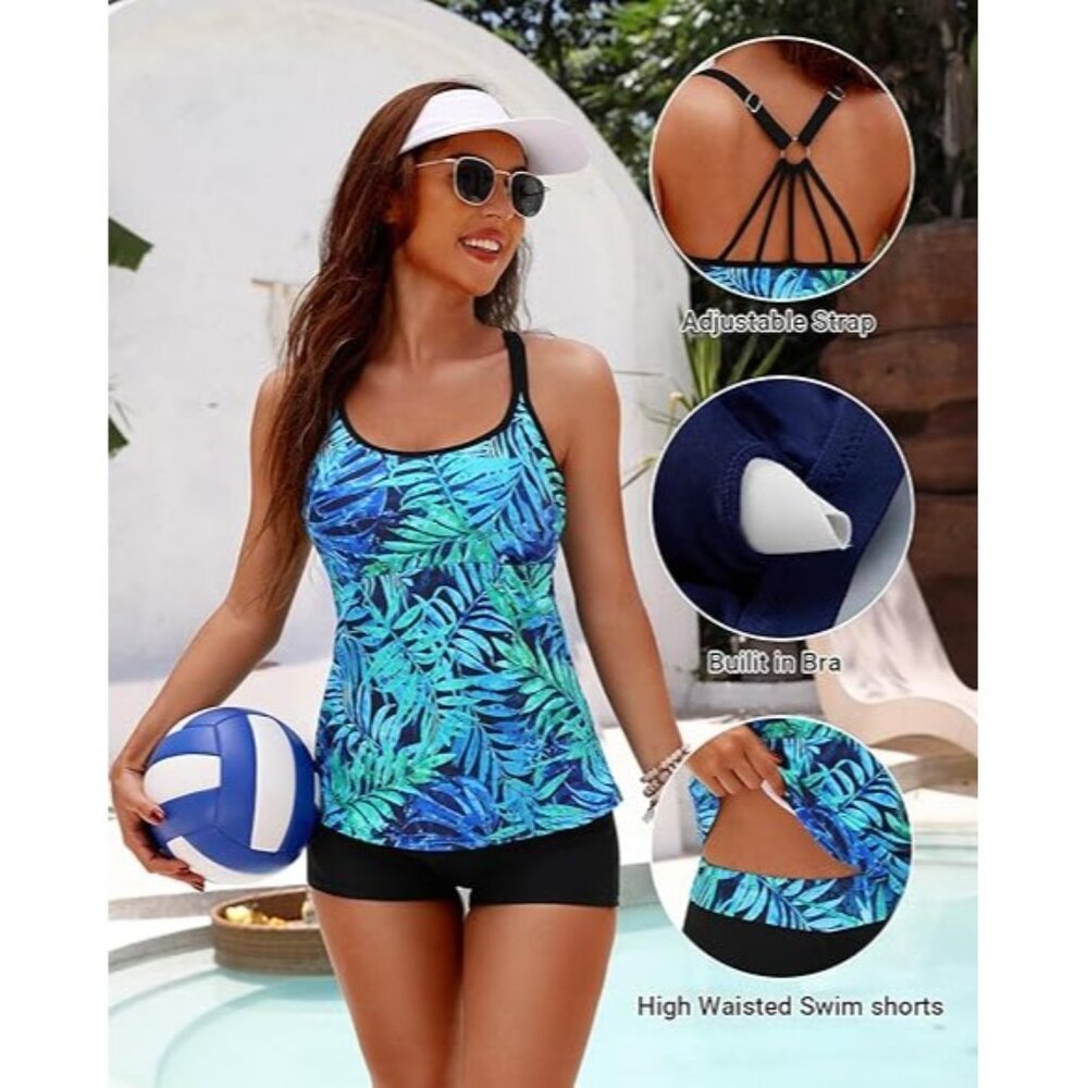 Yonique Size Medium Two-Piece Tankini Swimsuit Criss Cross Back Top Shorts - Picture 2 of 8
